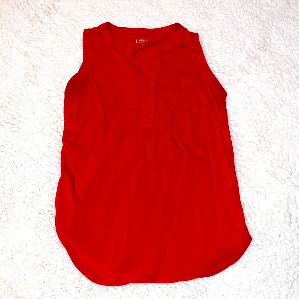Ann Taylor Loft Split Neck Tank Top Vibrant Red Soft Cotton Petite XS